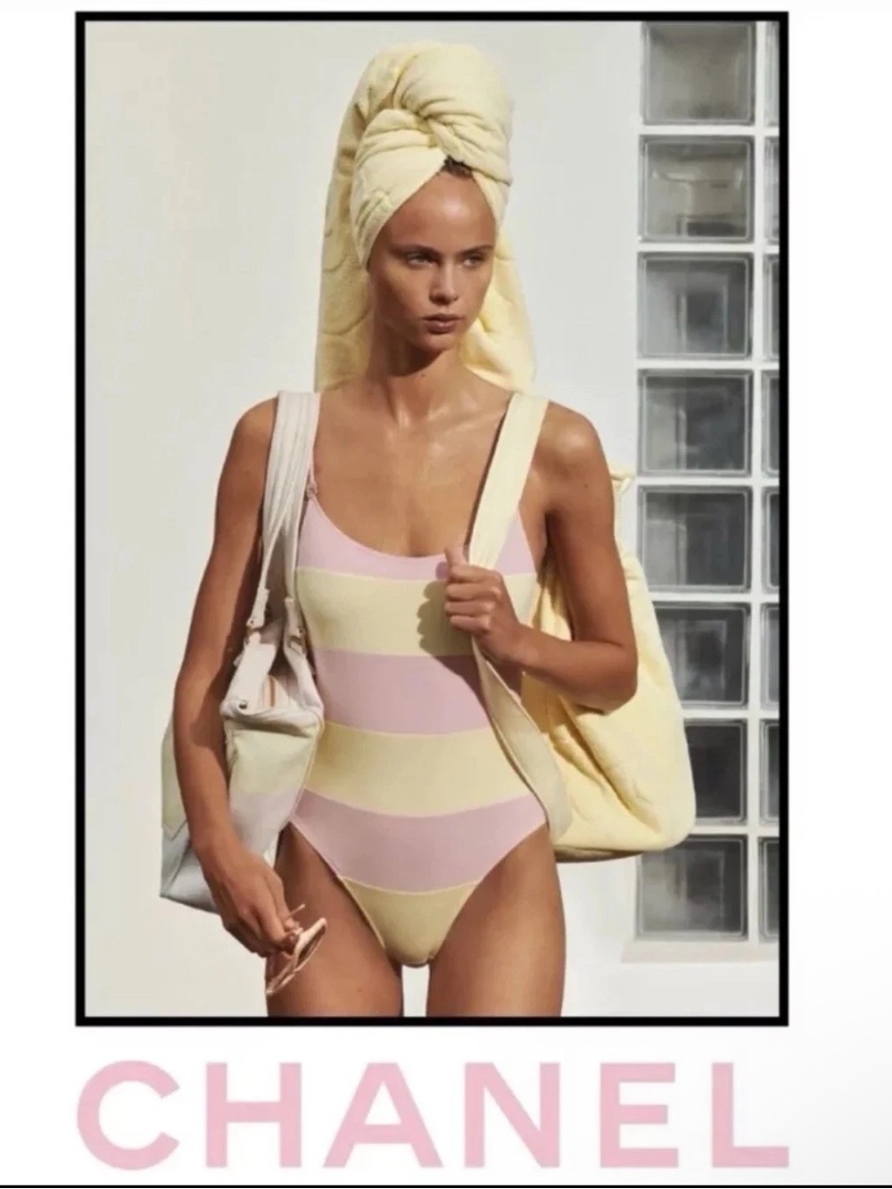 CHANEL COCO BEACH 2024 Pink/Yellow Striped One Piece Swimsuit FR 36